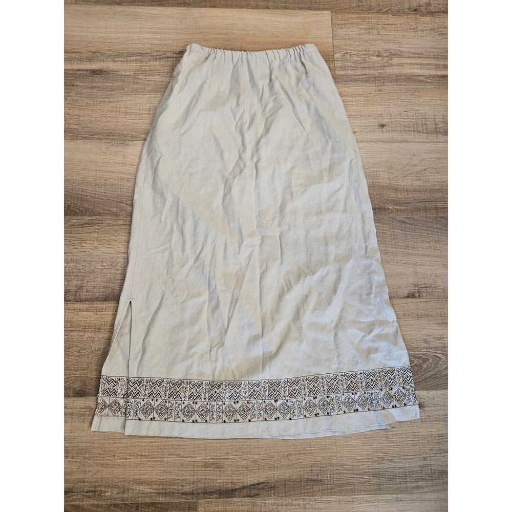 Napa Valley Petites Size Small Linen Blend Maxi Skirt Embroidered Boho Beige Tan
